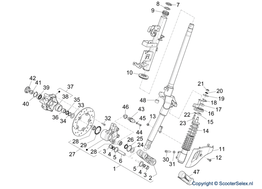 40. Vespa Sprint 50 IGET 4T 3V Euro5+ - 2024-2026 - Onderdelen Voorvork